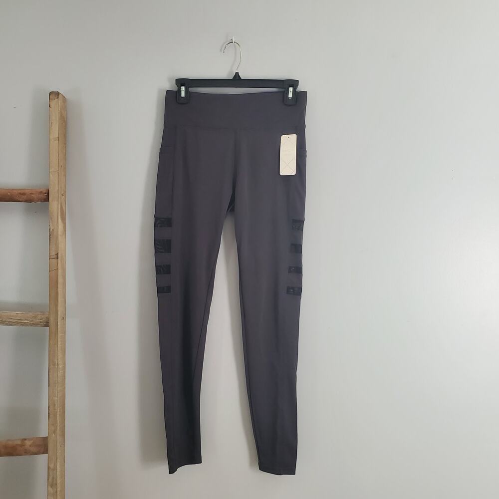 Yuna Fashion Pocket Sheer Slits Gray Workout Athleisure Leggings L/XL